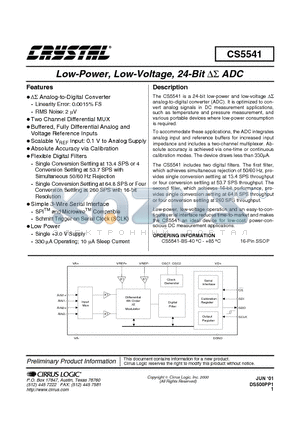 CS5541 datasheet - Low-power, High-Voltage, 24-Bit Delta-Sigma ADC