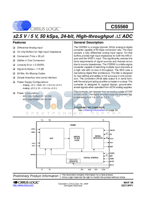CS5560_08 datasheet - a2.5 V / 5 V, 50 kSps, 24-bit, High-throughput DS ADC