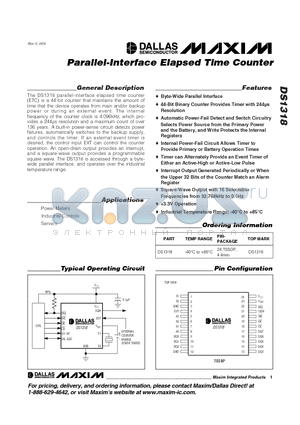 DS1318 datasheet - Parallel-Interface Elapsed Time Counter
