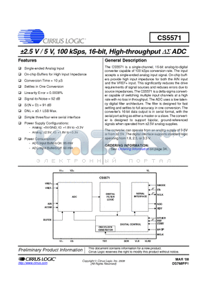 CS5571 datasheet - a2.5 V / 5 V, 100 kSps, 16-bit, High-throughput DS ADC