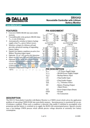 DS1312 datasheet - Nonvolatile Controller with Lithium Battery Monitor