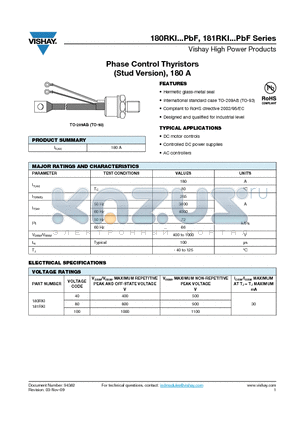 180RKI100 datasheet - Phase Control Thyristors (Stud Version), 180 A