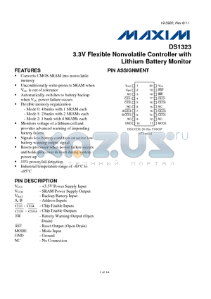DS1323 datasheet - 3.3V Flexible Nonvolatile Controller with Lithium Battery Monitor