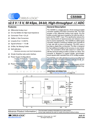 CS5560-ISZ datasheet - a2.5 V / 5 V, 50 kSps, 24-bit, High-throughput DS ADC