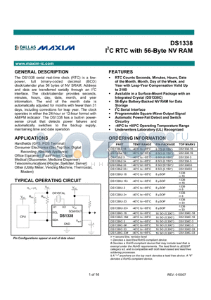 DS1338 datasheet - I2C RTC with 56-Byte NV RAM