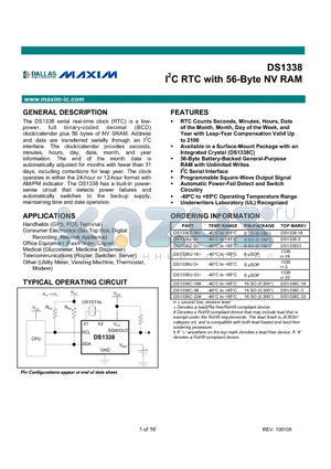 DS1338U-18 datasheet - I2C RTC with 56-Byte NV RAM