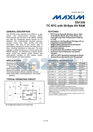 DS1338U-18+ datasheet - I2C RTC with 56-Byte NV RAM