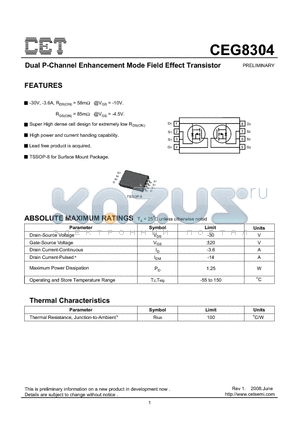 CEG8304 datasheet - Dual P-Channel Enhancement Mode Field Effect Transistor