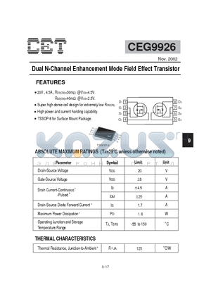 CEG9926 datasheet - Dual N-Channel Enhancement Mode Field Effect Transistor