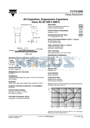 F1774-310-32 datasheet - AC-Capacitors, Suppression Capacitors Class X2 AC 300 V (MKT)