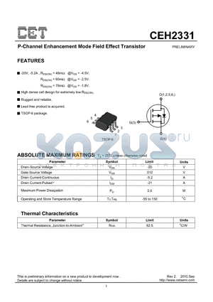 CEH2331 datasheet - P-Channel Enhancement Mode Field Effect Transistor