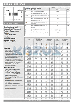 5KP10 datasheet - Axial lead diode Unidirectional and bidirectional Transient Voltage Suppressor diodes