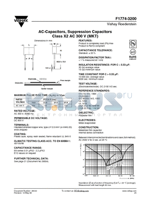 F1774-315-32 datasheet - AC-Capacitors, Suppression Capacitors Class X2 AC 300 V (MKT)