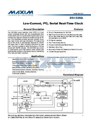 DS1339AU+ datasheet - Low-Current, I2C, Serial Real-Time Clock