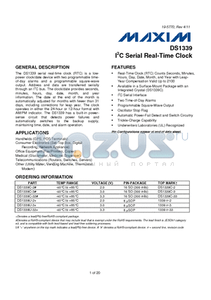 DS1339 datasheet - I2C Serial Real-Time Clock Trickle-Charge Capability