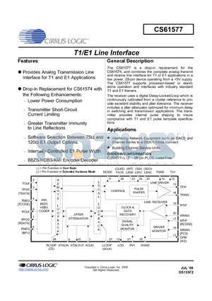CS61577-IL1Z datasheet - T1/E1 Line Interface