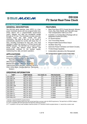 DS1339C-3 datasheet - I2C Serial Real-Time Clock