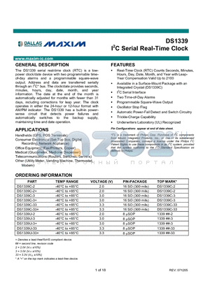 DS1339C-3+ datasheet - I2C Serial Real-Time Clock