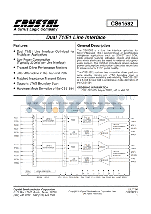 CS61582 datasheet - DUAL T1/E1 LINE INTERFACE