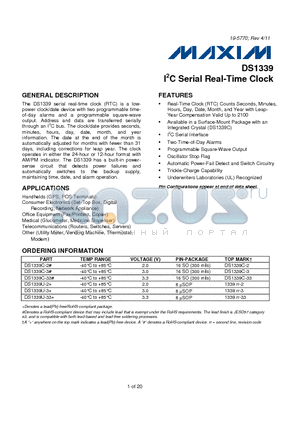 DS1339U-3+ datasheet - I2C Serial Real-Time Clock Trickle-Charge Capability