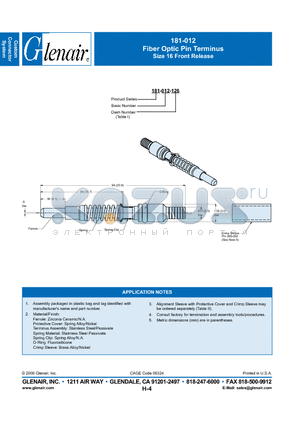 181-012-233 datasheet - Fiber Optic Pin Terminus