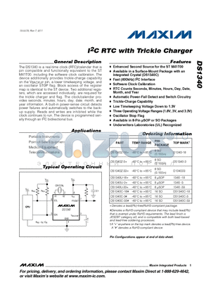 DS1340 datasheet - I2C RTC with Trickle Charger