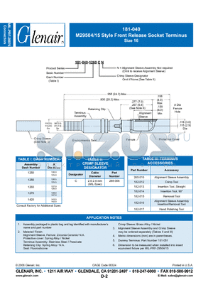 181-040-1250C datasheet - M29504/15 Style Front Release Socket Terminus