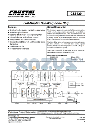 CS6420-CS datasheet - FULL DUPLEX SPEAKERPHONE CHIP