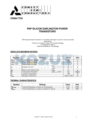 CS684TO3 datasheet - PNP SILICON DARLINGTON POWER TRANSISTORS