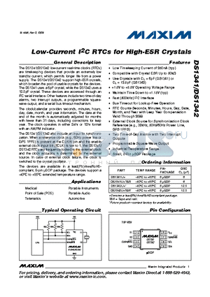 DS1341 datasheet - Low-Current I2C RTCs for High-ESR Crystals