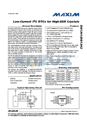 DS1342 datasheet - Low-Current I2C RTCs for High-ESR Crystals