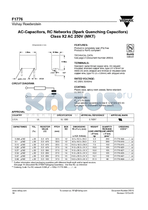 F1776-422 datasheet - AC-Capacitors, RC Networks (Spark Quenching Capacitors) Class X2 AC 250V (MKT)