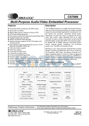 CS7808 datasheet - MULTI PURPOSE AUDIO/VIDEO EMBEDDED PROCESSOR