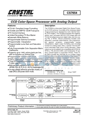 CS7654 datasheet - CCD COLOR SPACE PROCESSOR WITH ANALOG OUTPUT