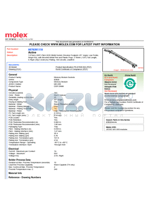 87639-1110 datasheet - 1.27mm (.050) Pitch DDR DIMM Socket, Reverse Footprint, 25` Angle, Low Profile, Single Key, with Beveled Metal Pins and Plastic Pegs, 3.18mm (.125) Tail Length