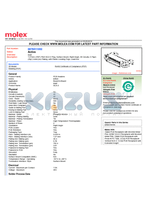 87641-1002 datasheet - 1.27mm (.050) Pitch SCA-2 Plug, Surface Mount, Right Angle, 40 Circuits, 0.76lm (30l) Gold (Au) Plating, with Plastic Locating Pegs, Lead-free