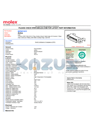 87641-1011 datasheet - 1.27mm (.050) Pitch SCA-2 Plug, Surface Mount, Right Angle, 80 Circuits, 0.76lm (30l) Gold (Au) Plating, with Metal Locating Pegs, Lead-free