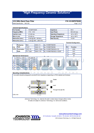 1810BP07B200E datasheet - 1810 MHz Band Pass Filter