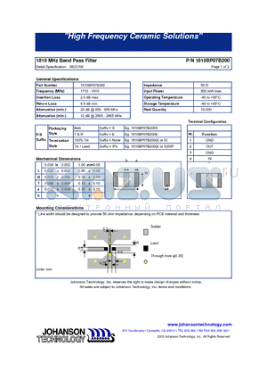 1810BP07B200E00P datasheet - 1810 MHz Band Pass Filter