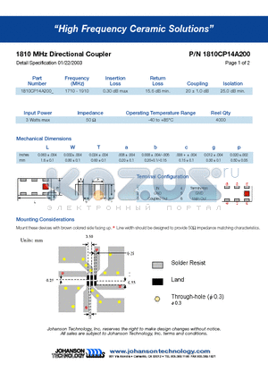 1810CP14A200 datasheet - 1810 MHz Directional Coupler