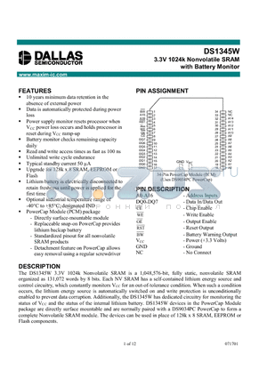 DS1345W datasheet - 3.3V 1024k Nonvolatile SRAM with Battery Monitor