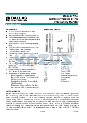 DS1345ABP-100-IND datasheet - 1024k Nonvolatile SRAM with Battery Monitor