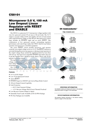 CS8101YDR8G datasheet - Micropower 5.0 V, 100 mA Low Dropout Linear Regulator with RESET and ENABLE