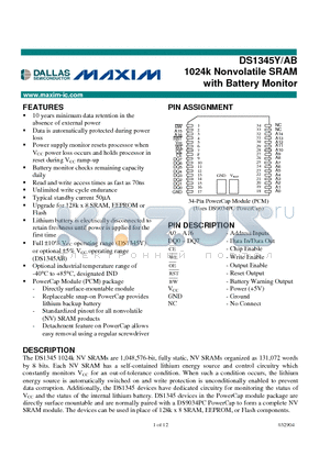 DS1345YB-100 datasheet - 1024k Nonvolatile SRAM with Battery Monitor