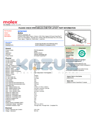 87687-0001 datasheet - 6.35mm (.250) Pitch, Power, 2.54mm (.100) Pitch, Signal, EXTreme PowerPlus DPS P-S-P Receptacle, Through Hole, Vertical, with Beveled Metal Pins, 26 Circuits