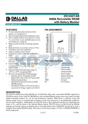 DS1350Y datasheet - 4096k Nonvolatile SRAM with Battery Monitor