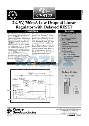 CS8122YTVA5 datasheet - 2% 5V, 750mA Low Dropout Linear Regulator with Delayed RESET