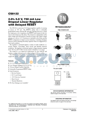 CS8122YT5G datasheet - 2.0% 5.0 V, 750 mA Low Dropout Linear Regulator with Delayed RESET