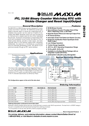 DS1374C-18 datasheet - I2C, 32-Bit Binary Counter Watchdog RTC with Trickle Charger and Reset Input/Output