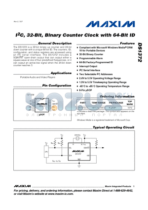 DS1372 datasheet - I2C, 32-Bit, Binary Counter Clock with 64-Bit ID